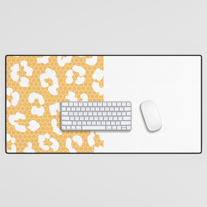 White Leopard Print Lace Vertical Split on Orange Desk Mat