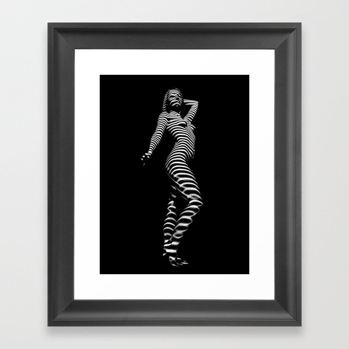 3666-MM BW Zebra Stripe Art Nude Woman Standing Tall Framed Art Print