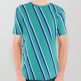 [ Thumbnail: Light Sea Green, Turquoise, and Dark Blue Colored Stripes/Lines Pattern All Over Graphic Tee ]