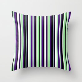 [ Thumbnail: Indigo, Light Green, White & Black Colored Stripes/Lines Pattern Throw Pillow ]
