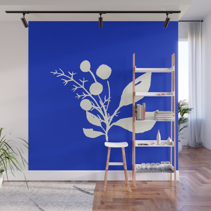 Minimal Wildflowers On Cobalt Blue Wall Mural
