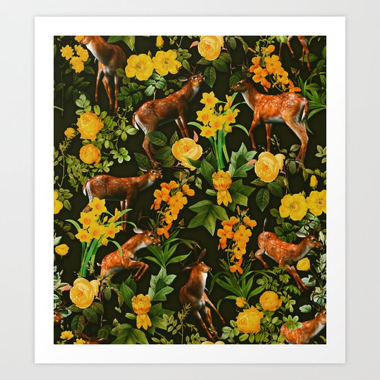 Deer and Floral Pattern Art Print