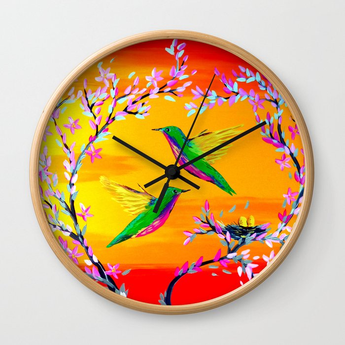 Yeloowlow and Orange with Hummingbirds Wall Clock
