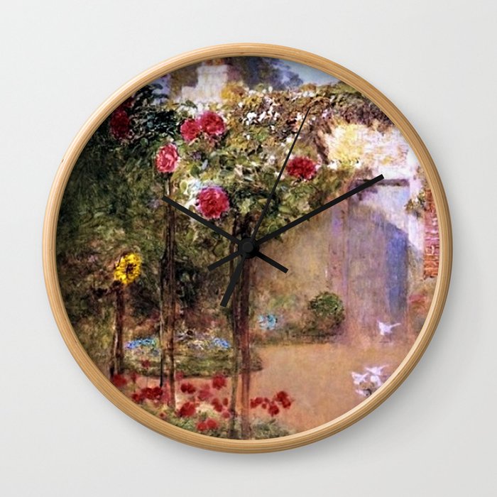 Classical Masterpiece 'The Rose Garden and Red Poppies' by Frederick Childe Hassam Wall Clock