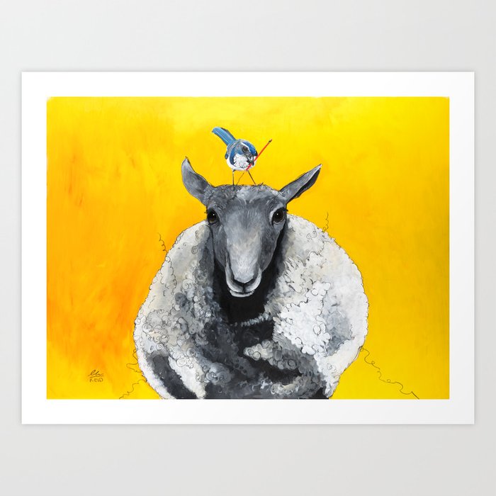 Blue Jay and Sheep Art Print