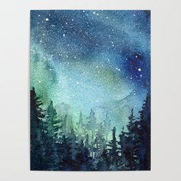 Galaxy Watercolor Aurora Borealis Painting Poster