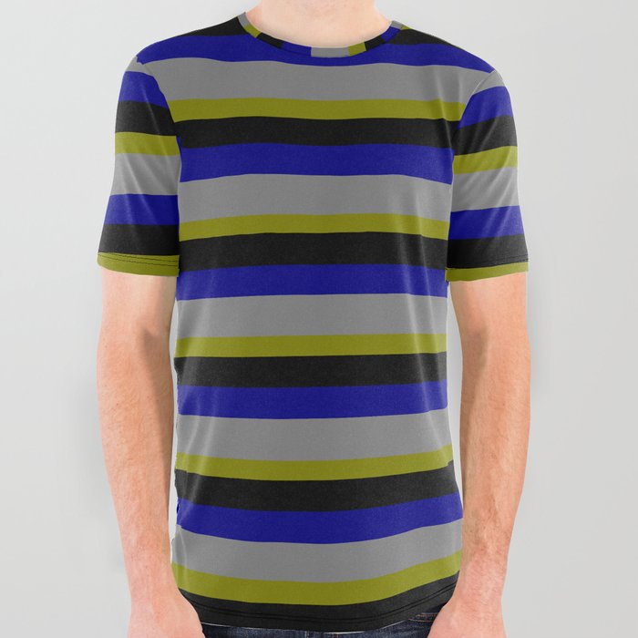 Green, Black, Blue & Gray Colored Lined Pattern All Over Graphic Tee