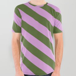 [ Thumbnail: Plum & Dark Olive Green Colored Lines/Stripes Pattern All Over Graphic Tee ]