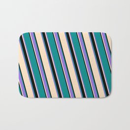 [ Thumbnail: Bisque, Black, Dark Cyan, and Purple Colored Striped Pattern Bath Mat ]