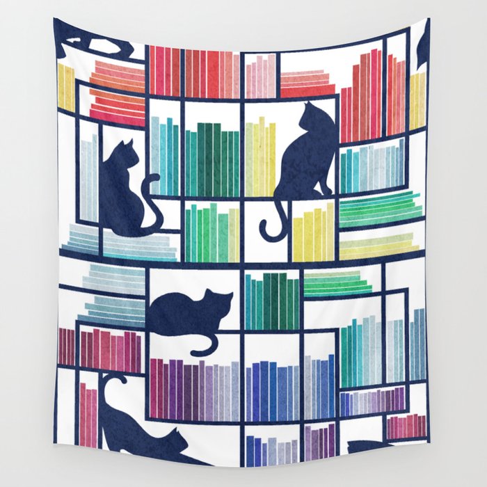 Rainbow bookshelf // white background navy blue shelf and library cats Wall Tapestry