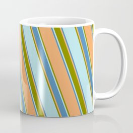 [ Thumbnail: Brown, Green, Powder Blue & Blue Colored Stripes Pattern Coffee Mug ]