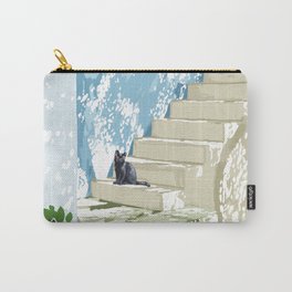 Black cat on the steps Poster, Greece Santorini summer travel pet painting Carry-All Pouch | Botanical, Animal, Nature, Painting, Cats, Boho, Summer, Travel, Pets, Pet 