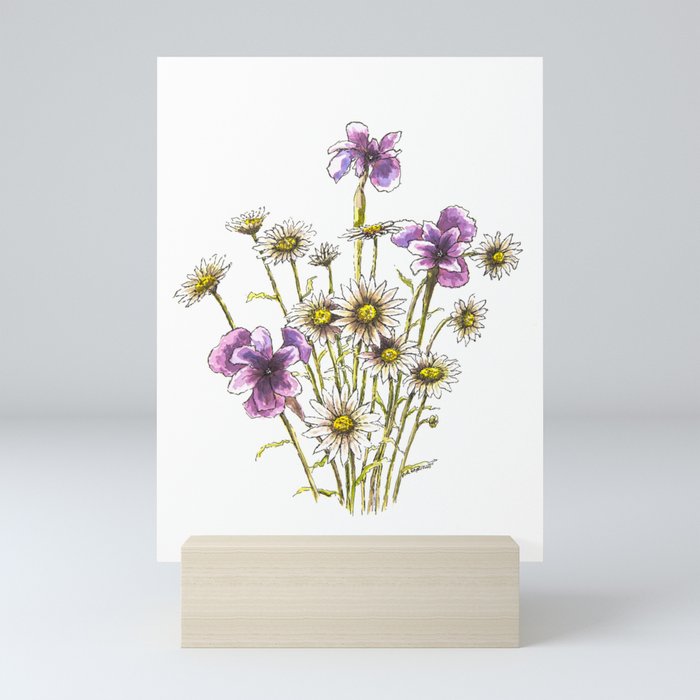 Iris and daisy flowers Mini Art Print