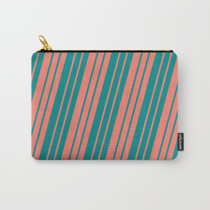Salmon and Dark Cyan Colored Lined/Striped Pattern Carry-All Pouch