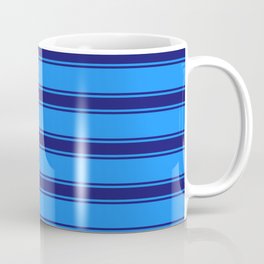 [ Thumbnail: Blue and Midnight Blue Colored Lined/Striped Pattern Coffee Mug ]