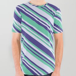 [ Thumbnail: Aquamarine, Lavender & Dark Slate Blue Colored Lined/Striped Pattern All Over Graphic Tee ]