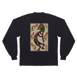 Kokopelli Rainbow Colors on Tribal Pattern  Long Sleeve T-shirt