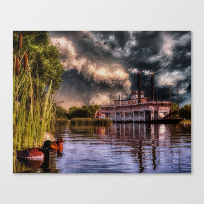 Mallard Ducks and a River Boat Canvas Print