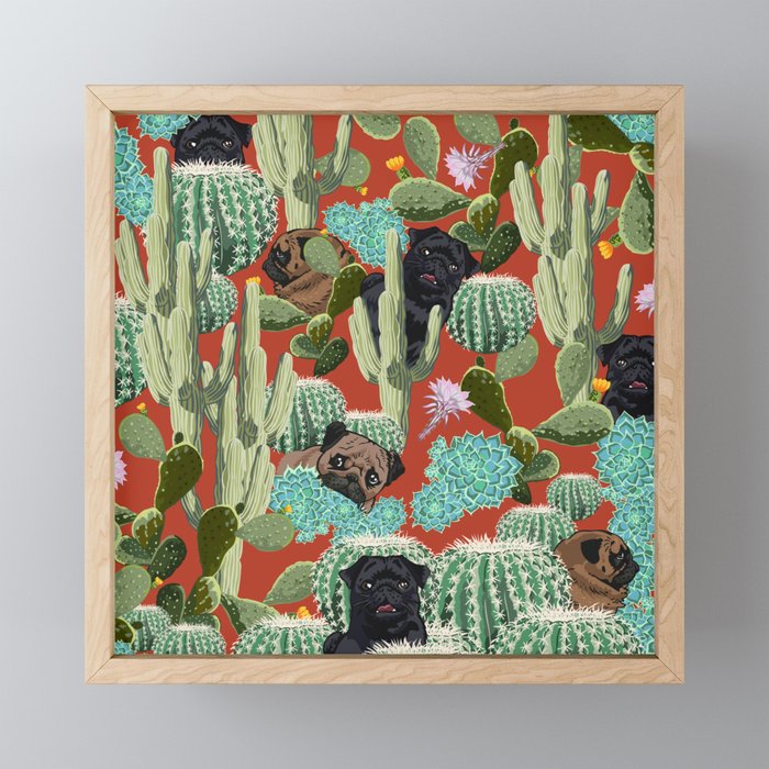 Cactus and Pugs Framed Mini Art Print