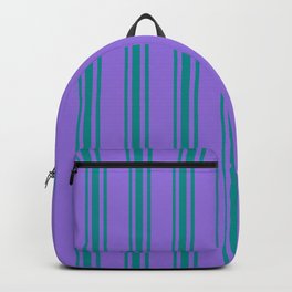 [ Thumbnail: Purple & Dark Cyan Colored Stripes Pattern Backpack ]