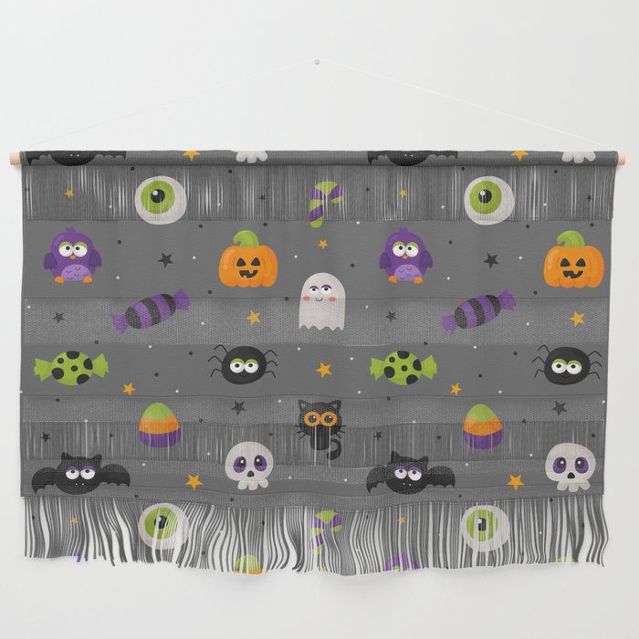 Halloween Seamless Pattern with Funny Spooky on Gray Background Wall Hanging