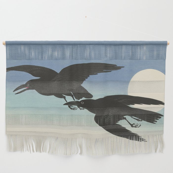 Two Crows mid flight - Vintage Japanese Woodblock Print Art Wall Hanging