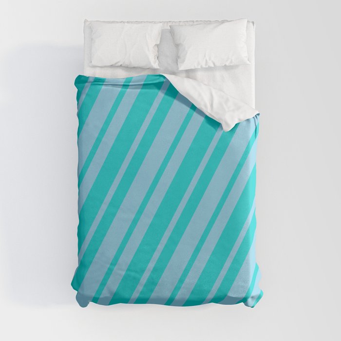 Dark Turquoise & Sky Blue Colored Striped Pattern Duvet Cover
