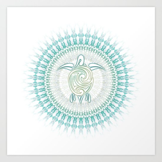 Turquoise Green Turtle And Mandala Art Print