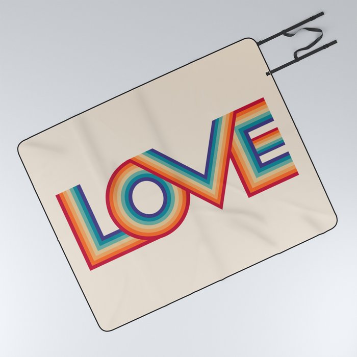 Love in Retro Rainbow Stripes Picnic Blanket