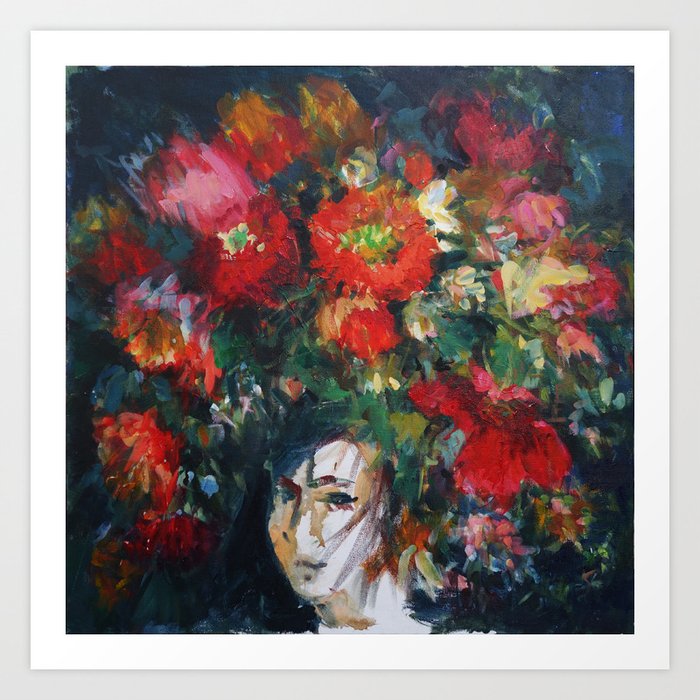 Portrait With A Big Wreath Of Flowers Acrylic Painting Art Print