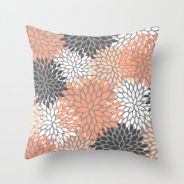 Floral Pattern, Coral, Gray, White Throw Pillow