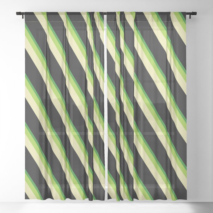 Green, Pale Goldenrod, Black, and Forest Green Colored Pattern of Stripes Sheer Curtain