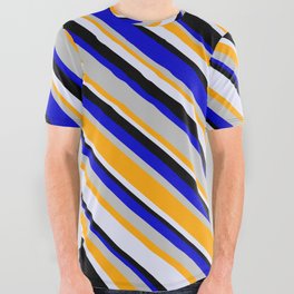 [ Thumbnail: Eye-catching Blue, Grey, Orange, Lavender, and Black Colored Stripes/Lines Pattern All Over Graphic Tee ]
