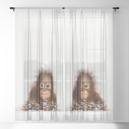 Monkey in a Bathtub, Baby Orangutan Taking a Bath, Bathtub Animal Art Print By Synplus Sheer Curtain