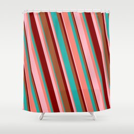 [ Thumbnail: Eye-catching Sienna, Light Sea Green, Salmon, Light Pink, and Maroon Colored Striped Pattern Shower Curtain ]