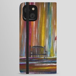 Love in a twilight colorful rain; couple with red umbrella romantic portrait painting by Manjiri iPhone Wallet Case