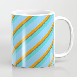[ Thumbnail: Light Sky Blue, Dark Orange, Dim Grey & Turquoise Colored Striped Pattern Coffee Mug ]