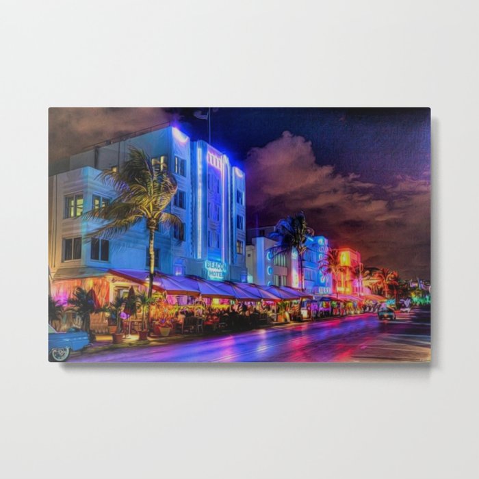 South Beach Miami City Lights by Jeanpaul Ferro Metal Print