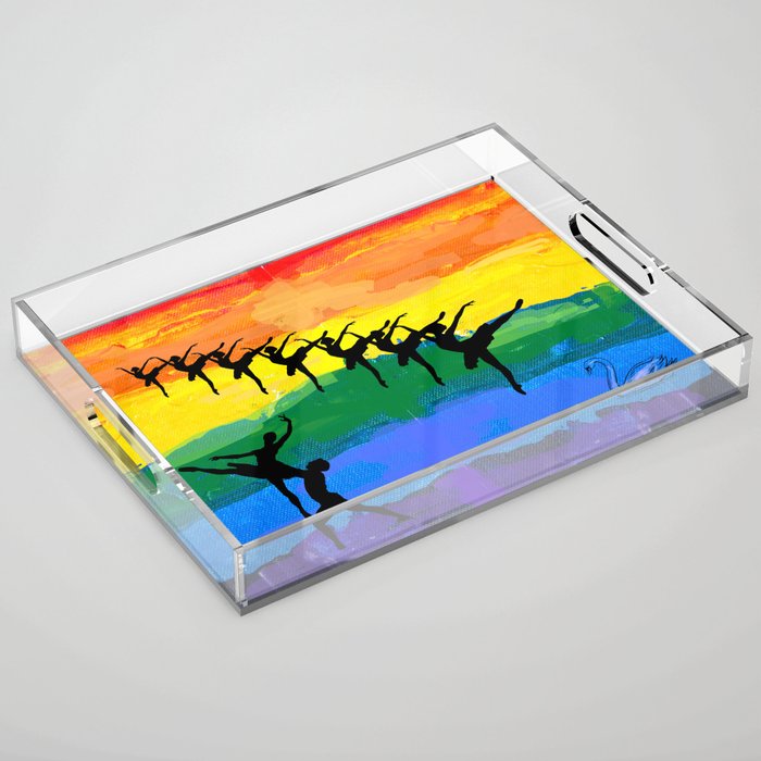 Swan lake - ballet dancer figures in rainbow colors background Acrylic Tray