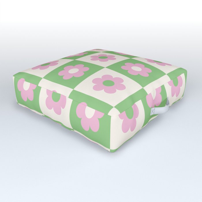 Checkered Daisies in Pink and Green Outdoor Floor Cushion