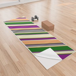 [ Thumbnail: Colorful Purple, Grey, Light Yellow, Brown & Dark Green Colored Pattern of Stripes Yoga Towel ]