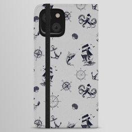 Light Grey And Blue Silhouettes Of Vintage Nautical Pattern iPhone Wallet Case
