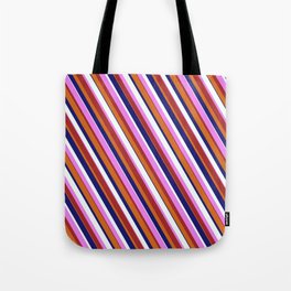 [ Thumbnail: Eyecatching Chocolate, Midnight Blue, Mint Cream, Violet & Brown Colored Lines Pattern Tote Bag ]