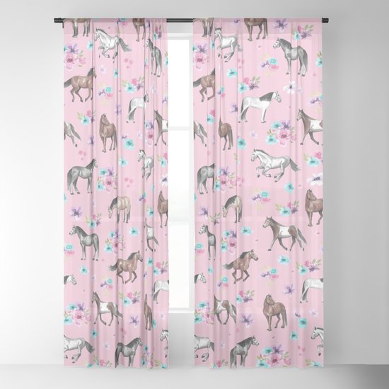 Horses Flowers Pink Pattern Horse Ilration Little Girls Room Watercolor Sheer Curtain By Cateandrainn Society6 - Little Girl Curtains Pink