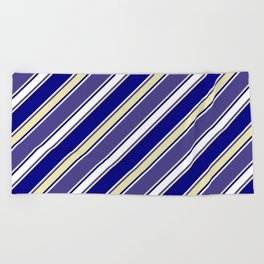 [ Thumbnail: Dark Slate Blue, Pale Goldenrod, Blue & White Colored Lines Pattern Beach Towel ]