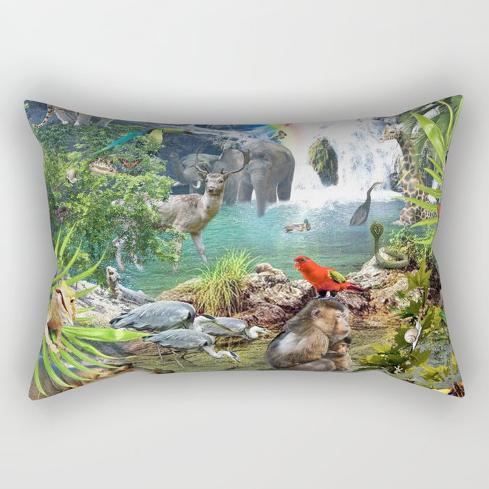 Jungle Waterfall Wild Animal Animals Scene Rectangular Pillow