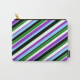 [ Thumbnail: Dark Orchid, Light Sky Blue, Black, Forest Green, and White Colored Lines Pattern Carry-All Pouch ]