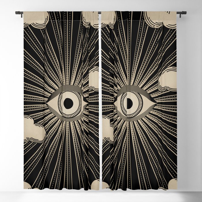 Radiant eye minimal sky with clouds - black and gold Blackout Curtain
