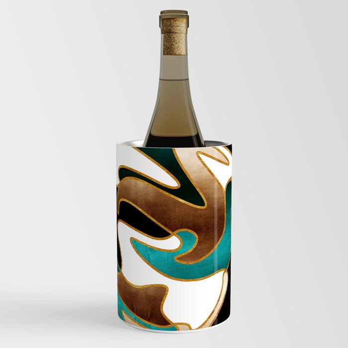 MCM Abstract Watercolor Waves // Gold, Teal, Brown, Black, White Wine Chiller