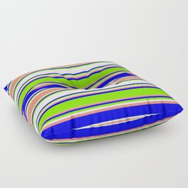 [ Thumbnail: Blue, Green, White, and Salmon Colored Lined Pattern Floor Pillow ]